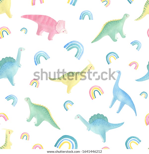 Dino Rainbow Seamless Pattern On White Stock Illustration 1641446212