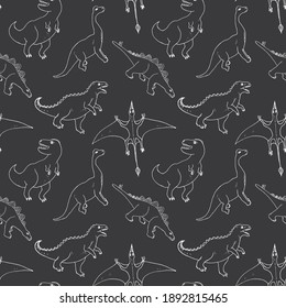 Dino Seamless Pattern, Cute Cartoon Hand Drawn Dinosaurs Doodles Illustration.