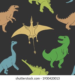 Dino Seamless Pattern, Cute Cartoon Hand Drawn Dinosaurs Doodles Illustration.