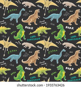 Dino Seamless Pattern, Cute Cartoon Hand Drawn Dinosaurs Doodles Illustration.