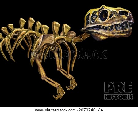 Dinosaur bones, museum piece on a black background. Paleontology and Archeology. Tyrannosaurus rex skeleton. Watercolor drawing.

