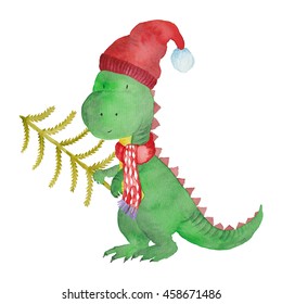 Dinosaur Christmas Animals Winter Dino Watercolor Hand Painted Illustration Isolated