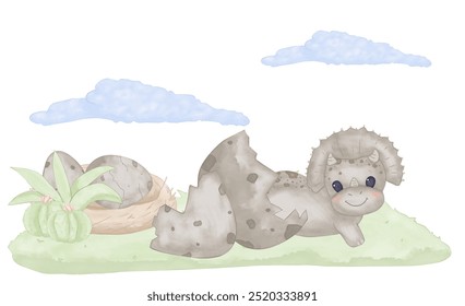 Dinosaur with horns and eggshell. Watercolor composition for children. Digital illustration. - Powered by Shutterstock