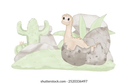 Dinosaur with a long neck and eggshell. Watercolor composition children's digital illustration. - Powered by Shutterstock