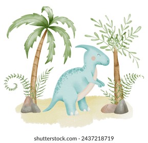 Dinosaur in nature Watercolor illustration. Hand drawn on isolated background. Dino and palm trees for cute cartoon t-shirt print for boy or girl. Perfect for birthday card or baby shower invitation. - Powered by Shutterstock