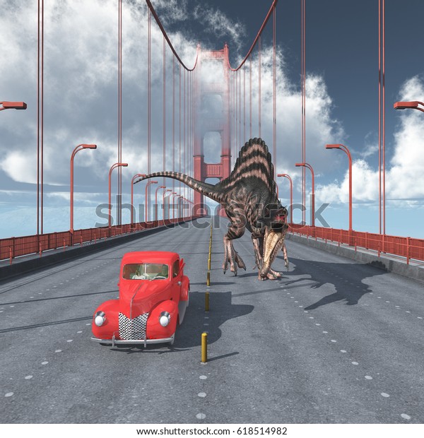 Dinosaur on the Golden Gate Bridge in San\
Francisco\
Computer generated 3D\
illustration