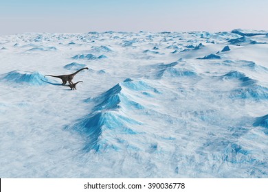 Dinosaur. Prehistoric snow landscape, ice valley with Dinosaurs. Arctic view