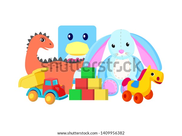Dinosaur and rabbit toys collection set of van\
cubes horse with wheels colorful raster illustration isolated on\
white\
background
