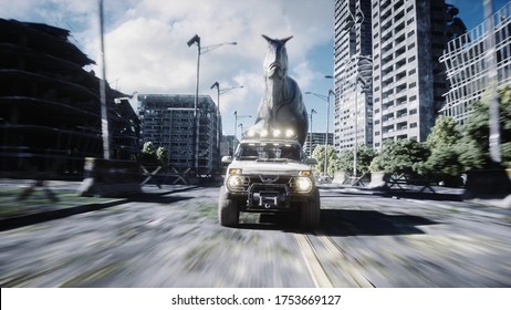 Dinosaur Rex Running Behind The Car In Destroyed City. Dinosaurs Apocalypse. Concept Of Future. 3d Rendering.