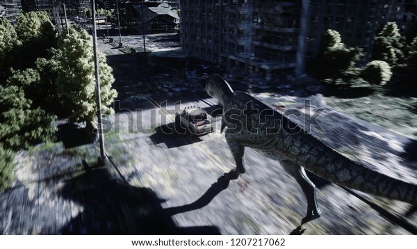 dinosaur rex running\
behind the car in destroyed city. Dinosaurs apocalypse. Concept of\
future. 3d\
rendering.