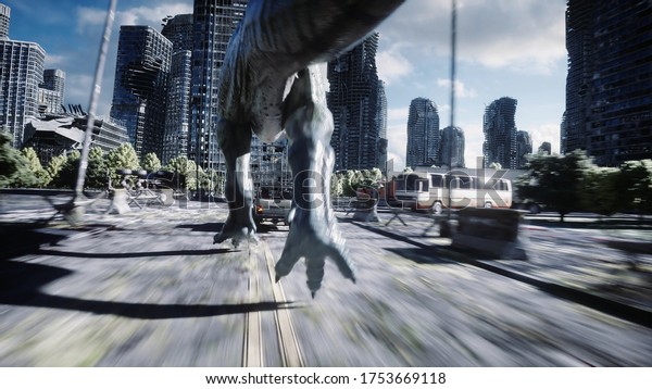 dinosaur rex running\
behind the car in destroyed city. Dinosaurs apocalypse. Concept of\
future. 3d\
rendering.