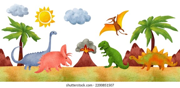 Dinosaur Seamless Border. Cute Character Dino Landscape In Simple Kids Style. Mountain, Volcano, Tree, Clouds, Sun. Watercolor Childish Prehistory Animals. Repeated Border Stripe For Kids Design