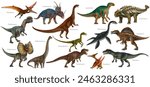 Dinosaur set. Dino illustration. Carnivores and herbivores. Allosaurus, Elasmosaurus, Compsognathus, Iguanodon, Plateosaurus, Spinosaurus, Pterodactyl, Ankylosaurus