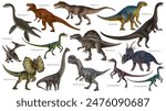 Dinosaur set. Dino illustration. Carnivores and herbivores. Allosaurus, Elasmosaurus, Compsognathus, Iguanodon, Plateosaurus, Spinosaurus, Pterodactyl, Ankylosaurus