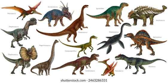Dinosaur set. Dino illustration. Carnivores and herbivores. Allosaurus, Elasmosaurus, Compsognathus, Iguanodon, Plateosaurus, Spinosaurus, Pterodactyl, Ankylosaurus