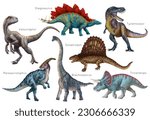 Dinosaur set. Stegosaurus, Dimetrodon, Velociraptor, Triceratops, Brachiosaurus, Tyrex, Parasaurolophus