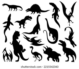 Dinosaur Silhouettes Set. Dino Monsters Icons. Shape Of Real Animals. Sketch Of Prehistoric Reptiles. Illustration Isolated On White. Hand Drawn Sketches