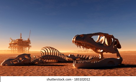 Dinosaur skeleton and the oil station in the desert.