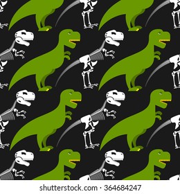 Dinosaur Skeleton And Seamless Pattern. Green Prehistoric Monster With A Skull And Crossbones. Texture For Baby Tissue. Ornament Of Ancient Reptile.
