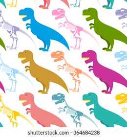 Dinosaur And Skeleton Seamless Pattern. Tyrannosaurus T-Rex And Bones Background. Colorful Predator. Ancient Creeper. Bones Of An Primeval Monster. Texture For Baby Tissue.
