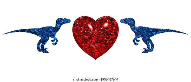 Dinosaur T Rex Blue Symbols With Red Heart Valentine Day Icon, 3d Illustration