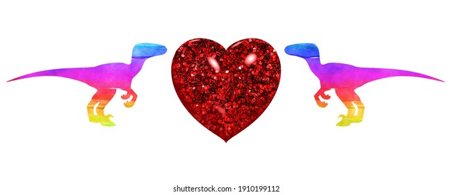 Dinosaur T Rex Rainbow Colors LGBT Flag Symbols With Red Heart Valentine Day Icon, 3d Illustration