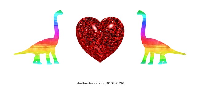 Dinosaur T Rex Rainbow Colors LGBT Flag Symbols With Red Heart Valentine Day Icon, 3d Illustration