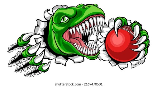 A Dinosaur T Rex Or Raptor Cricket Player Cartoon Animal Sports Mascot Holding A Ball In Its Claw