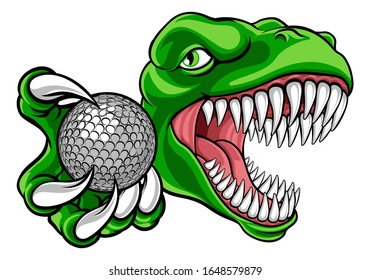 A Dinosaur T Rex Or Raptor Golf Player Cartoon Animal Sports Mascot Holding A Ball In Its Claw