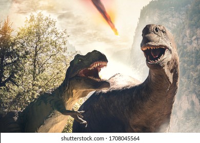 dinosaurs befor extinction due to asteroid - 3d rendering