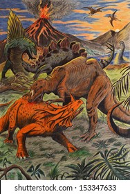 Dinosaurs Fighting In Prehistoric Landscape