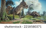 Dinosaurs in the forest. This is a 3d render illustration