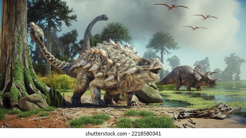 Dinosaurs in the forest. This is a 3d render illustration