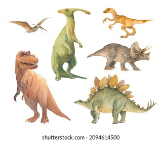 Dinosaurs illustration set. Hand painted watercolor cartoon dinosaur silhouettes isolated on white background.