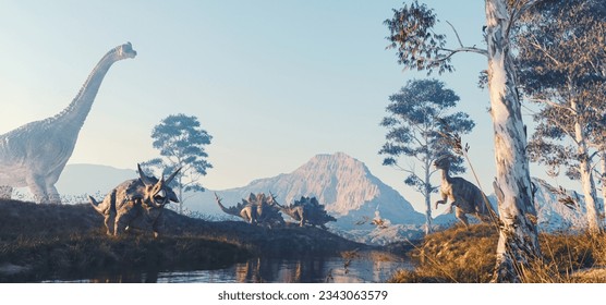 Dinosaurs at the mountain valley. This is a 3d render illustration.