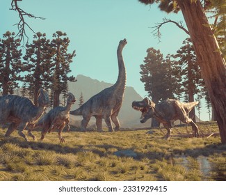 Dinosaurs in the nature at mountains . This is a 3d render illustration.