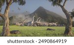 Dinosaurs on the valley. Migration. This is a 3d render illustration.