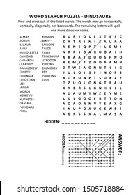 Dinosaurs Word Search Puzzle (suitable Both For Kids And Adults). Answer Included.