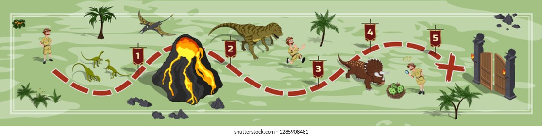 Dinosaurs World Map In Cartoon Style. Landscape With A Path Image. Adventure In Dino Park In Isometric Style. Board Maze.