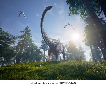 Diplodocus browsing a selection of trees with two Pteranodons flying overhead.