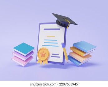 Diploma concept with graduation cap and book floating on pastel background graduation certificate quality courses exam education information warranty knowledge document assurance guarantee. 3d render - Powered by Shutterstock