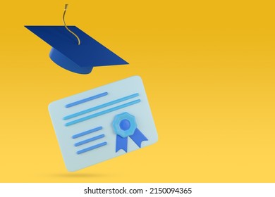 Diploma And Mortarboard Isolated On Yellow Background With Copy Space. 3d Illustration.