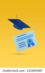 Diploma And Mortarboard Isolated On Yellow Background. 3d Illustration.