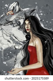 Dire Wolf And Girl Under Snow