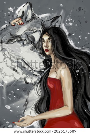 Dire wolf and girl under snow [[stock_photo]] © 