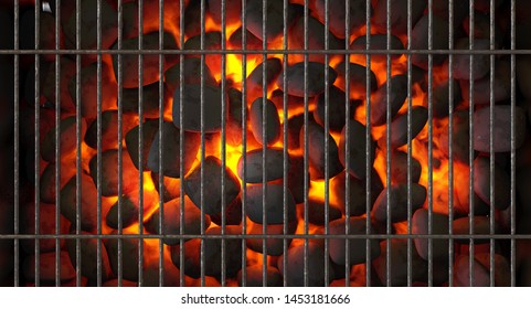 A direct top view of burning hot coal in a barbecue stand covered by a regular iron bar grill - 3D render - Powered by Shutterstock