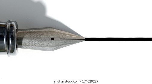 A Direct Top View Closeup Of The Metal Nib Of An Old Fountain Pen Drawing A Straight Ink Line On An Isolated White Background