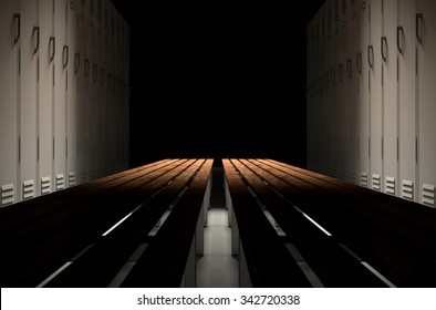 A Direct Top View Of A Row Of Regular Gym Change Room Lockers Separated By A Wooden Bench In A Corridor