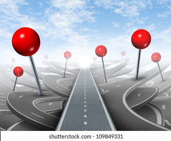 Direction Advice And Choosing The Right Direct Clear Path To Success With Red Push Pins Global Positioning Systems Icon As Confusing Guides On The Wrong Roads As Obstacles To Financial Wealth.