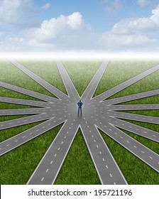 Direction Choices And Career Decisions With A Businessman Standing In The Center Of A Group Of Roads Going In Different Paths As A Business Metaphor For Government Bureaucracy Guidance For Success.